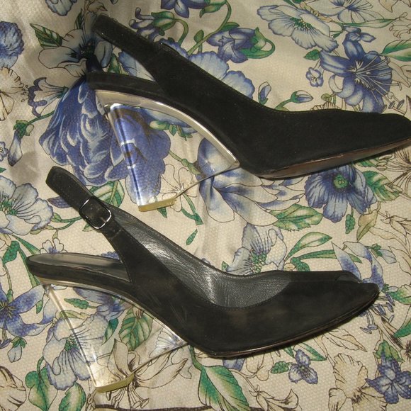❤️Amazing STUART WEITZMAN LUCITE Suede Wedge Peep Toe Slingback SHOES SZ 8 1/2 - Picture 2 of 5